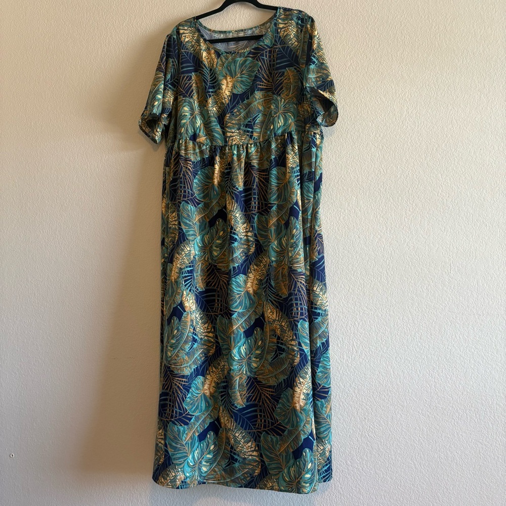 Shein Curve Green, Blue, and Yellow Leaf Designed Dress, Size 2XL